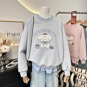 春款 韩系减龄立体狗狗宽松花边圆领假两件卫衣女 甜美格子拼接