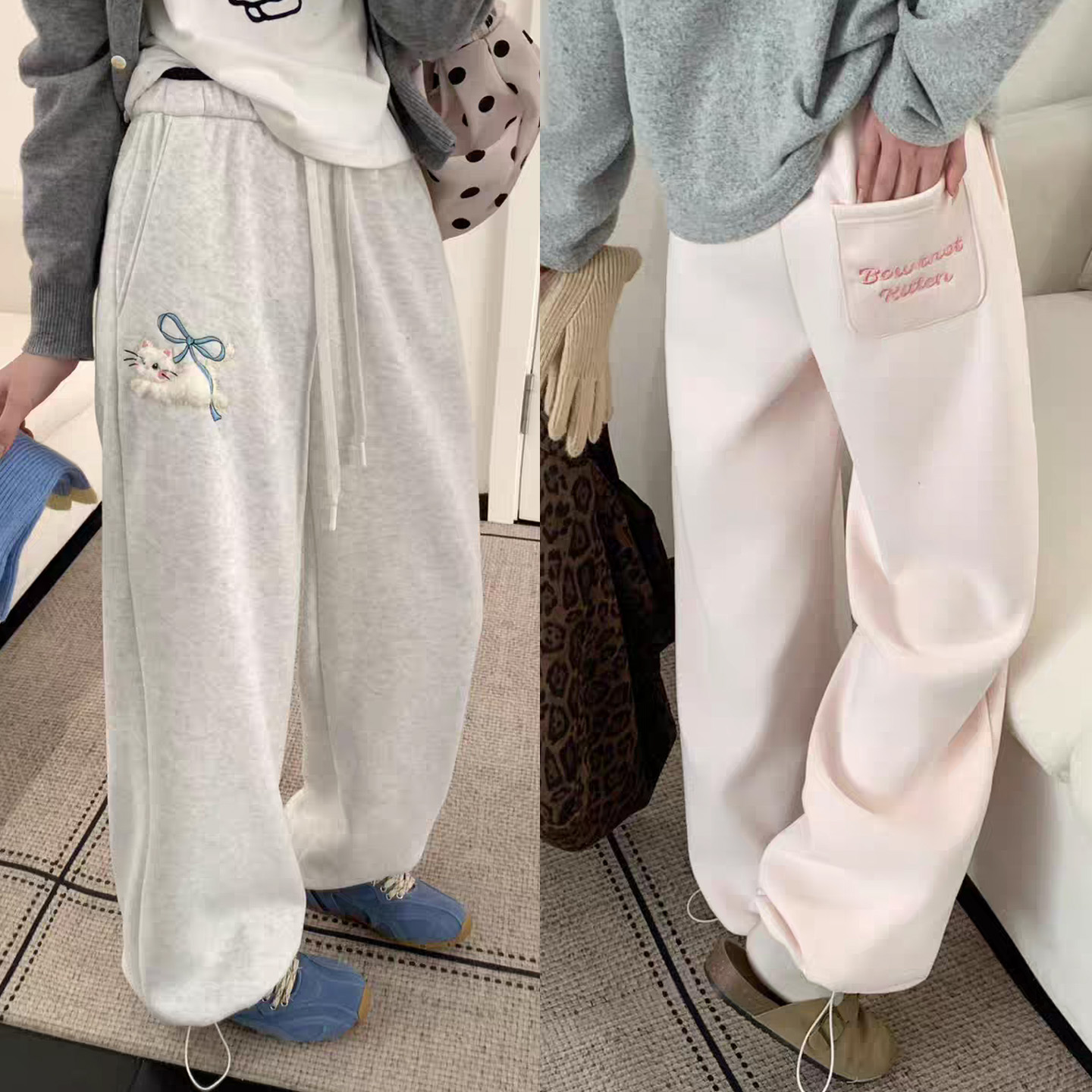 冬季加绒加厚卫裤~软萌甜系蝴蝶结毛茸猫咪直筒束脚两穿休闲裤女