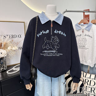 自留推荐~韩国东大门线条刺绣狗狗撞色翻领半拉链宽松卫衣女春款