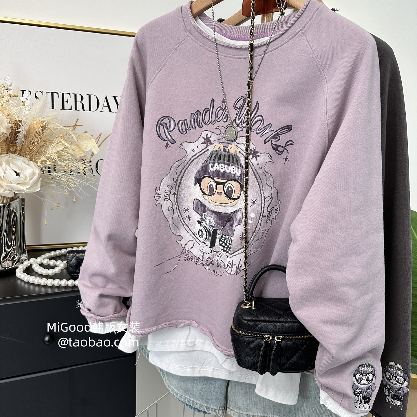 纸袋家韩国品质2025新款秋装减龄卡通宽松显瘦卷边纯棉毛圈卫衣女