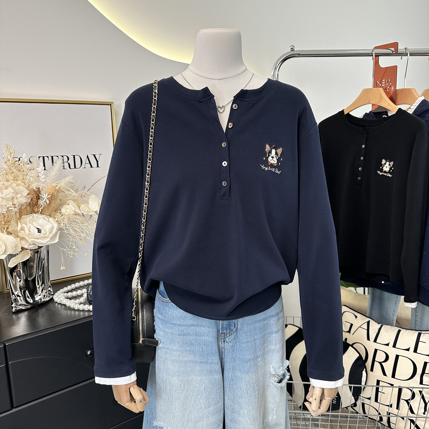 半开领秋冬内搭~小羊纸袋家休闲时尚刺绣卡通拼色袖口t恤女纯棉,女装/女士精品,T恤,淘宝优惠券,粉丝福利购,淘宝优惠卷