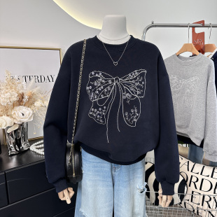 韩系刺绣蝴蝶结宽松大码卫衣女新款2026爆款时尚洋气短款春秋薄款