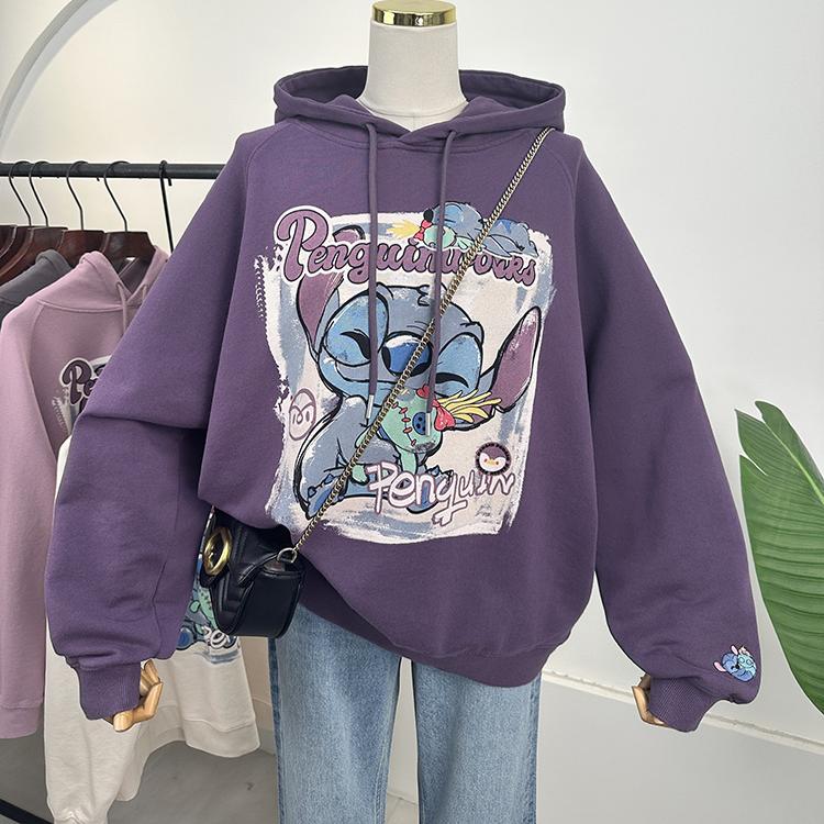 韩国东大门洋气时尚泼染卡通印花宽松大码毛圈棉卫衣女连帽外套春