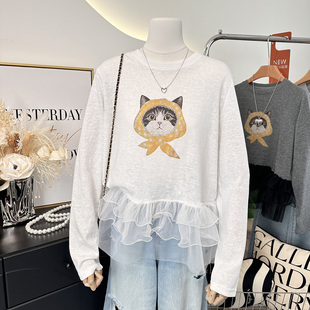 韩系围巾小猫下摆网纱正肩t恤女薄款 2026新款 春装 独特漂亮巨好看