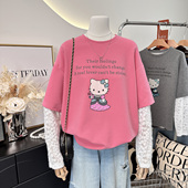 蕾丝袖 韩系时尚 钉珠卡通宽松大码 超仙 假两件t恤女上衣2026春款
