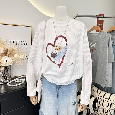 薄款夏天可当防晒~下摆花边装饰韩系时尚提花爱心小狗印花宽松t恤