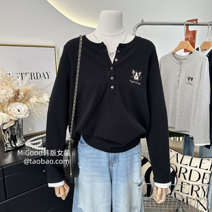 半开领秋冬内搭~小羊纸袋家休闲时尚刺绣卡通拼色袖口t恤女纯棉