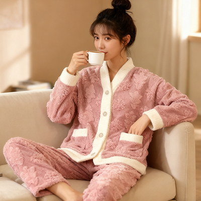 秋冬长袖珊瑚绒开衫家居服套装