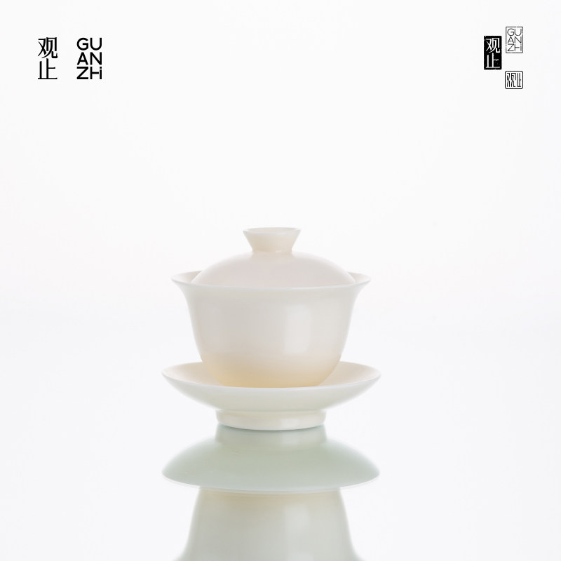 观止米黄陶瓷三才盖碗茶杯