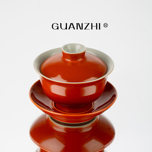 观止矾红陶瓷三才盖碗功夫茶具