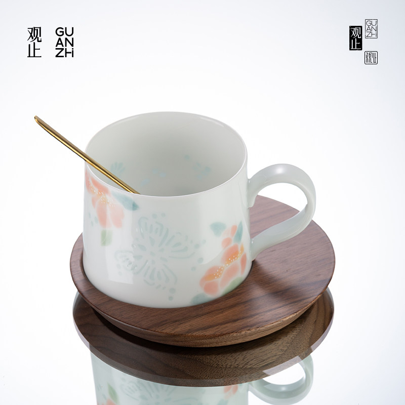 观止玲珑瓷手绘山茶花咖啡杯女士个人专用杯子高档马克杯水杯带碟