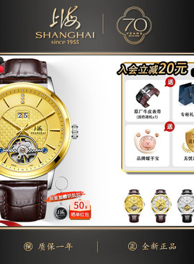 上海牌手表男钻石牌24K金表镂空飞轮全自动机械表防水夜光表6008
