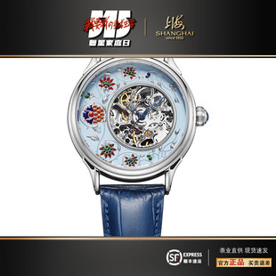 上海牌手表女机械表镂空防水皮表带镶钻气质女士手表复古5005正品