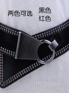 腰之恋女士斜搭宽腰封铆钉朋克风百搭宽皮带配连衣裙松紧装饰腰带