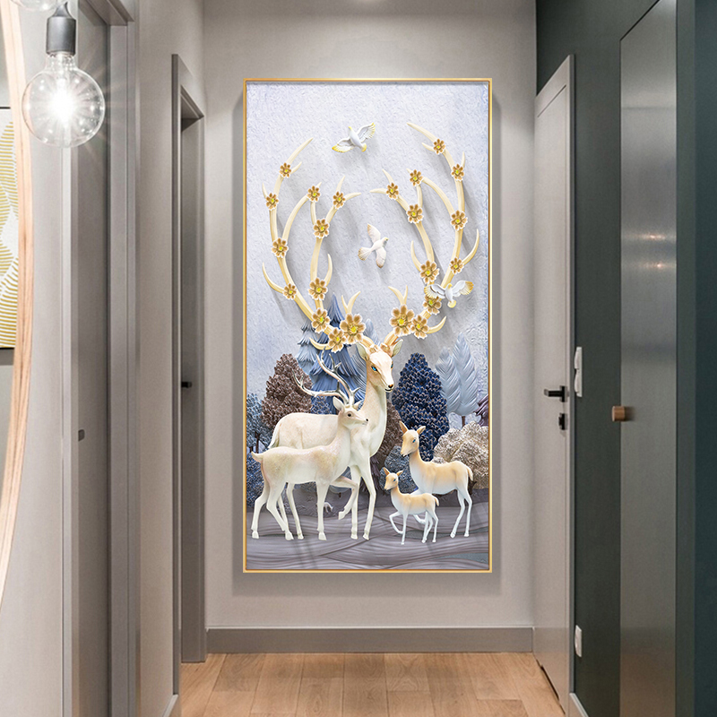 入户玄关装饰画现代过道走廊墙面挂画简约晶瓷客厅竖版壁画发财鹿图片