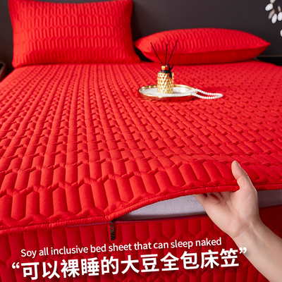 六面全包床笠罩拉链红色床罩席梦思床垫保护套罩加厚防滑款床套罩