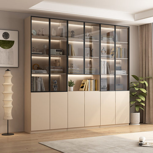 书柜一体整墙到顶实木定制柜子玻璃门客厅展示柜家用轻奢书橱储物