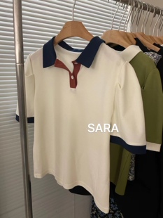 短款 设计感宽松短袖 T恤女别致上衣 口拼色撞色POLO领泡泡袖 领口袖