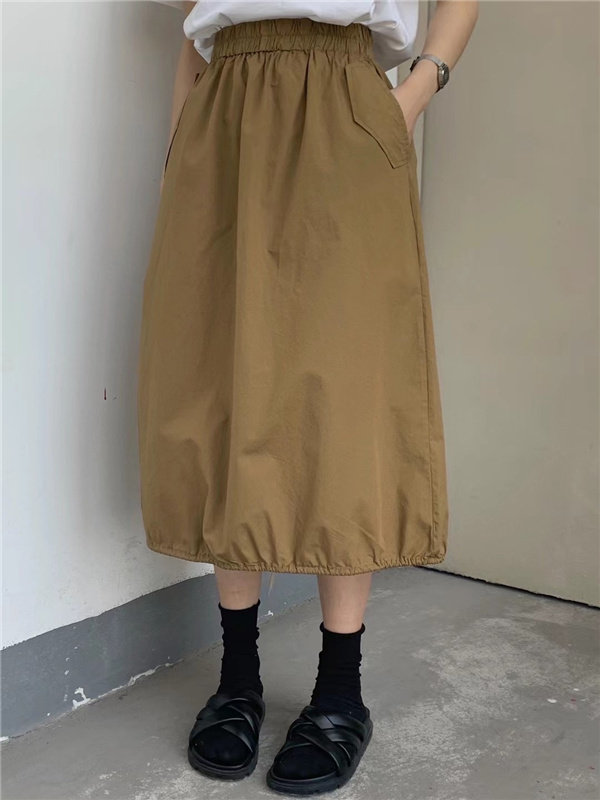 原宿风帅气侧口袋松紧腰宽松中长款半身裙下摆抽绳开叉中长裙工装