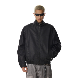 美式 复古水洗做旧立领皮衣男女痞帅解构宽松慵懒百搭休闲夹克外套