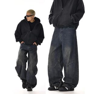 子 男女痞帅炸街设计感宽松休闲直筒阔腿裤 美式 复古水洗弯刀牛仔裤