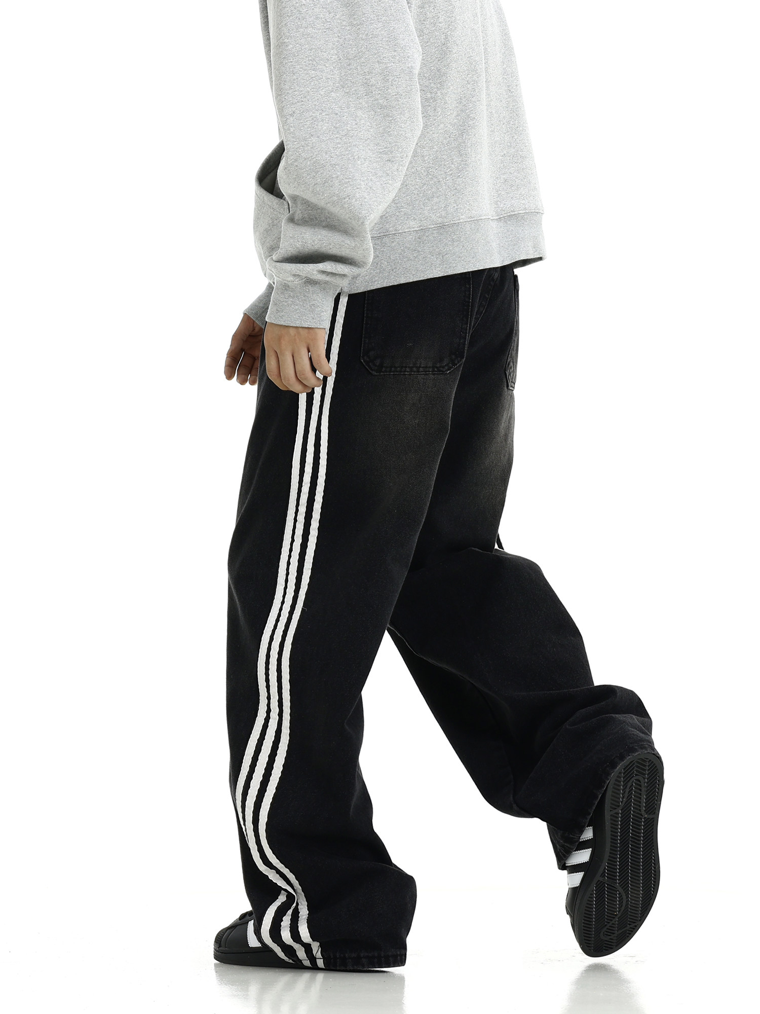 AMERICAN-STYLE RETRO THREE-BAR STRIPED BLACK JEANS MENS TRENDY HIGH STREET LOOSE DRAPE MOPPING AND VERSATILE STRAIGHT-LEG PANTS