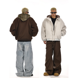 复古设计感宽松休闲加厚棉服外套 新款 美式 假两件连帽棉衣男女冬季