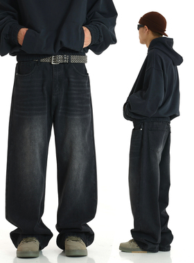 水洗复古牛仔裤男女美式阔腿运动裤宽松直筒垂坠感百搭休闲长裤子
