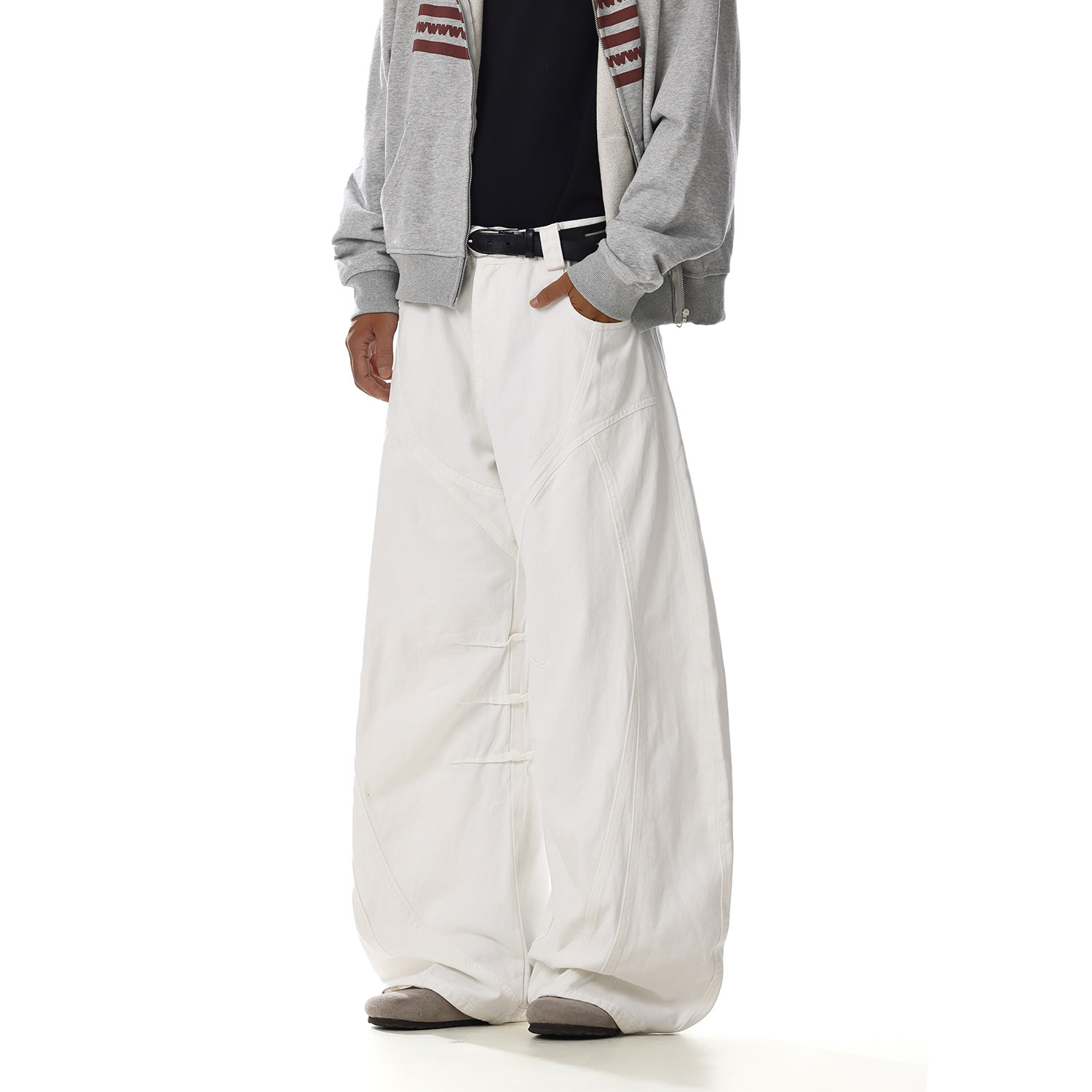 美式复古白色结构工装弯刀牛仔裤