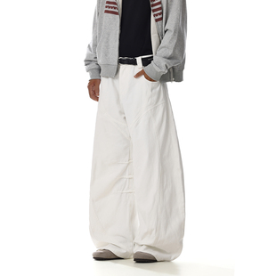 男女宽松百搭显瘦休闲直筒阔腿裤 弯刀牛仔裤 复古白色结构工装 美式