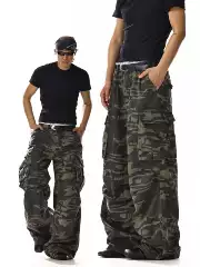 American Retro Camouflage Cargo Pants for Men and Women with Pocket Design, High Street Style, Loose Fit, Versatile Wide-Leg Straight Casual Pants