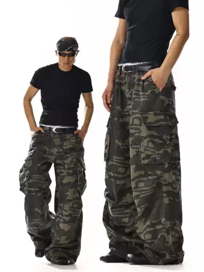 American Retro Camouflage Cargo Pants for Men and Women with Pocket Design, High Street Style, Loose Fit, Versatile Wide-Leg Straight Casual Pants