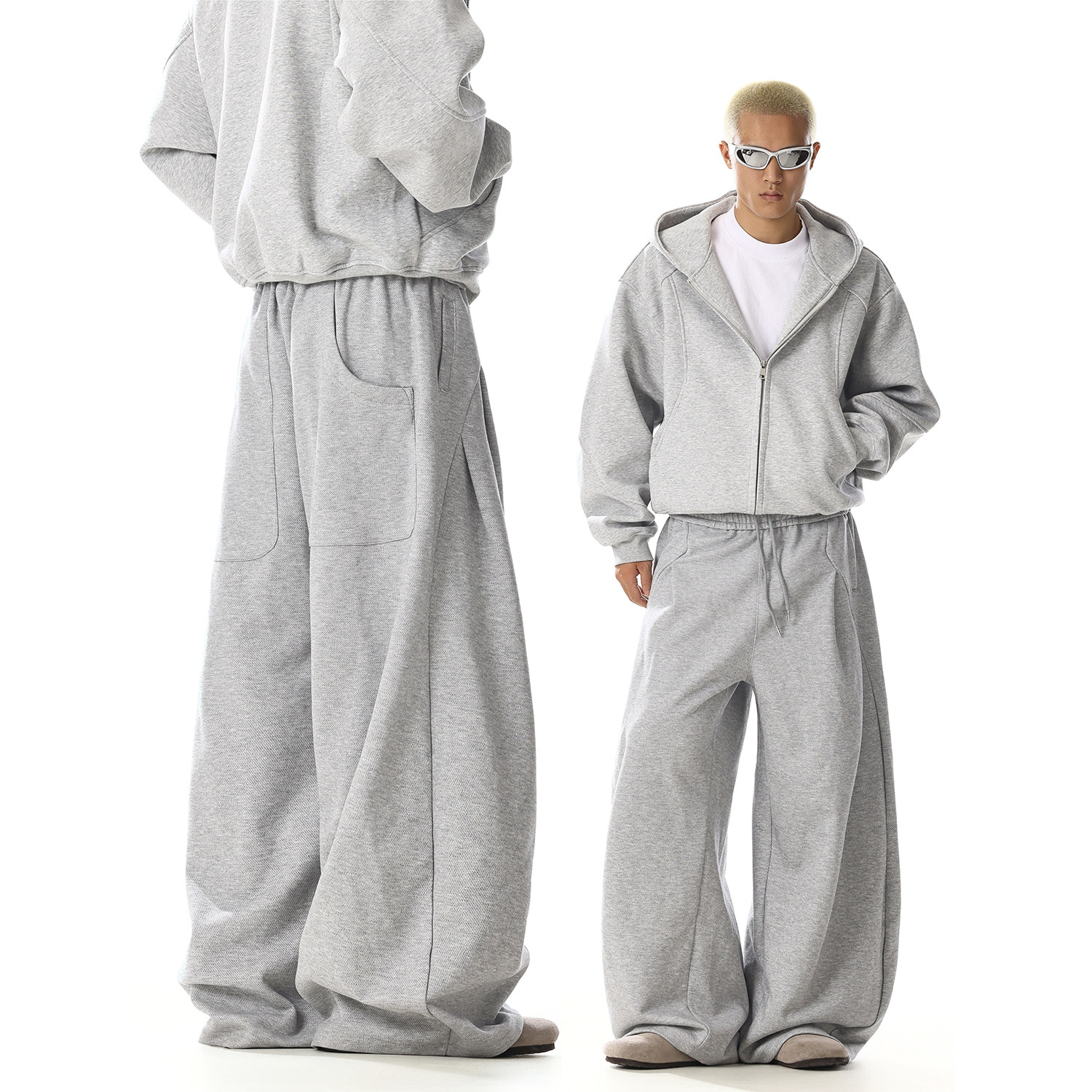 美式复古灰色卫裤男女设计感小众解构宽松显瘦直筒阔腿弯刀运动裤