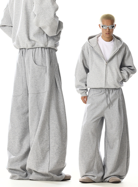 美式复古灰色卫裤男女设计感小众解构宽松显瘦直筒阔腿弯刀运动裤