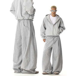 男女设计感小众解构宽松显瘦直筒阔腿弯刀运动裤 美式 复古灰色卫裤