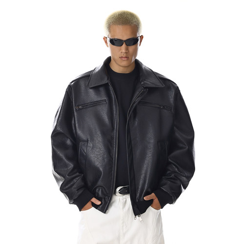 美式复古纹理高级感机车夹克外套