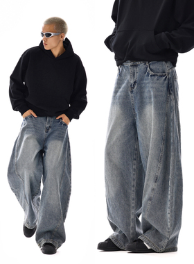 美式复古水洗宽松直筒牛仔裤男高街潮牌cleanfit弯刀阔腿休闲长裤