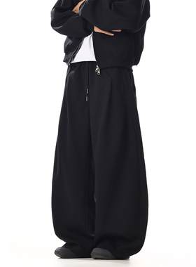 美式复古黑色卫裤男女设计感小众解构宽松显瘦直筒阔腿弯刀运动裤