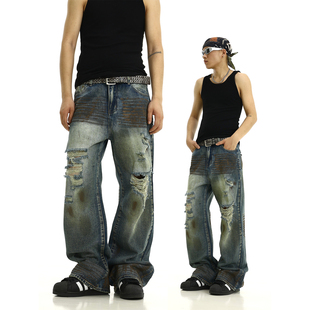 美式复古废土风黄泥牛仔裤情侣潮牌炸街直筒宽松设计感破洞长裤子