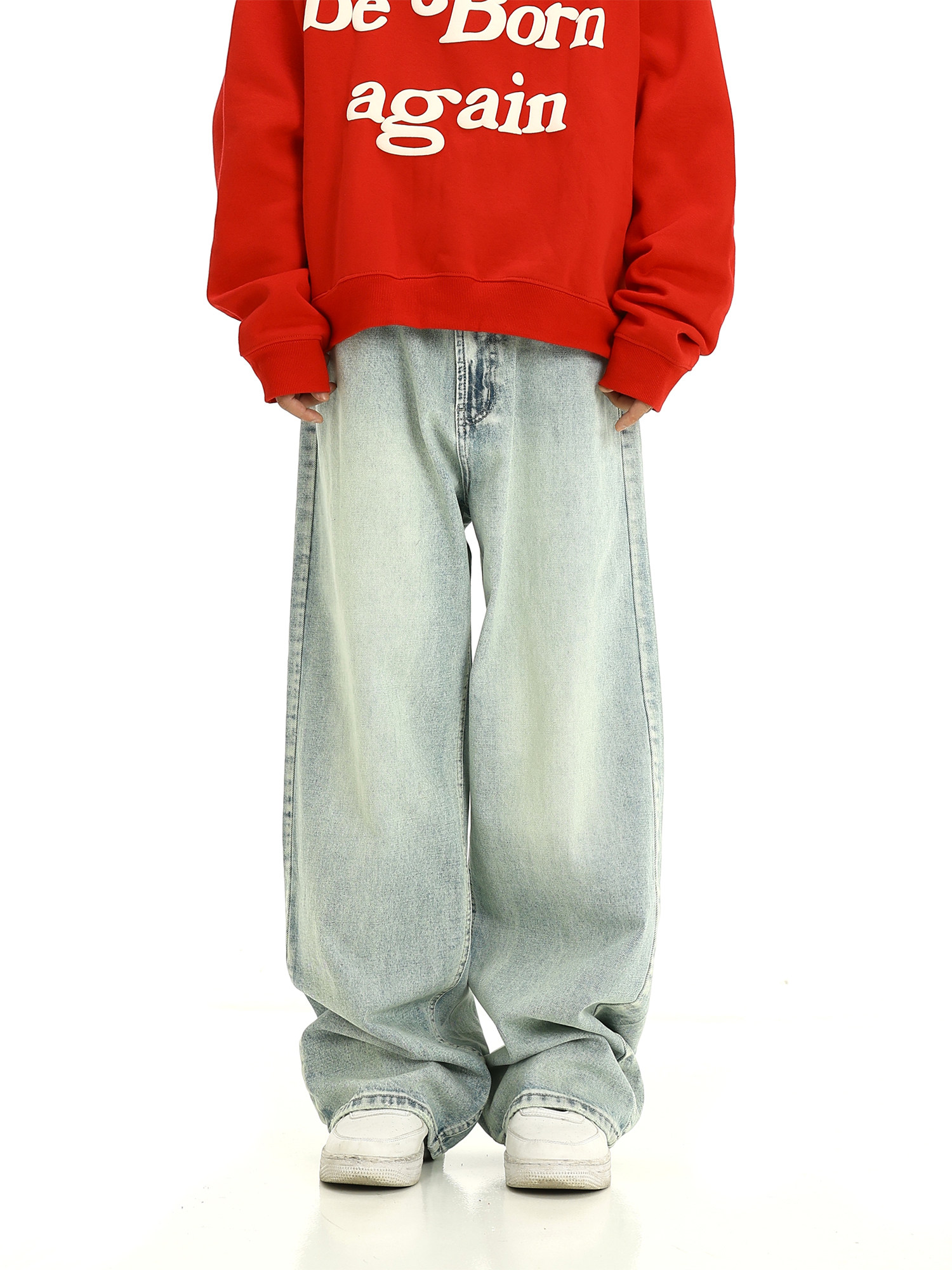 AMERICAN STYLE VINTAGE WASHED DISTRESSED JEANS MENS AUTUMN AND WINTER HIGH STREET LOOSE STRAIGHT LEG WIDE LEG PANTS COUPLE CASUAL LONG PANTS