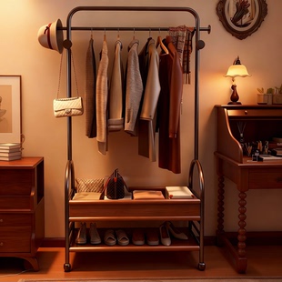 落地衣帽架可移动挂衣架家用金属晾衣杆收纳置物篮隔夜衣服挂包架