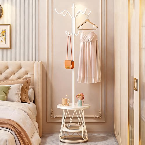 奶油风家用落地衣帽架带边几卧室多功能一体立式床头收纳挂衣架子