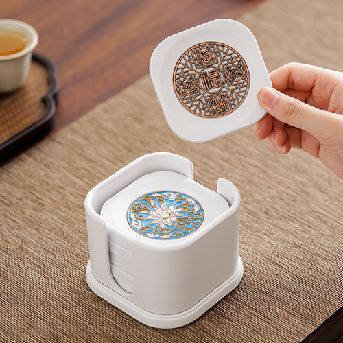 晟窑中式白色杯垫四方珐琅彩茶杯托方圆茶桌防滑隔热垫六个收纳装