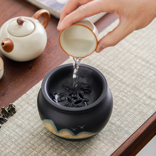 晟窑粗陶远山建水茶洗茶渣缸带过滤家用茶叶废水缸桌面茶水废水桶
