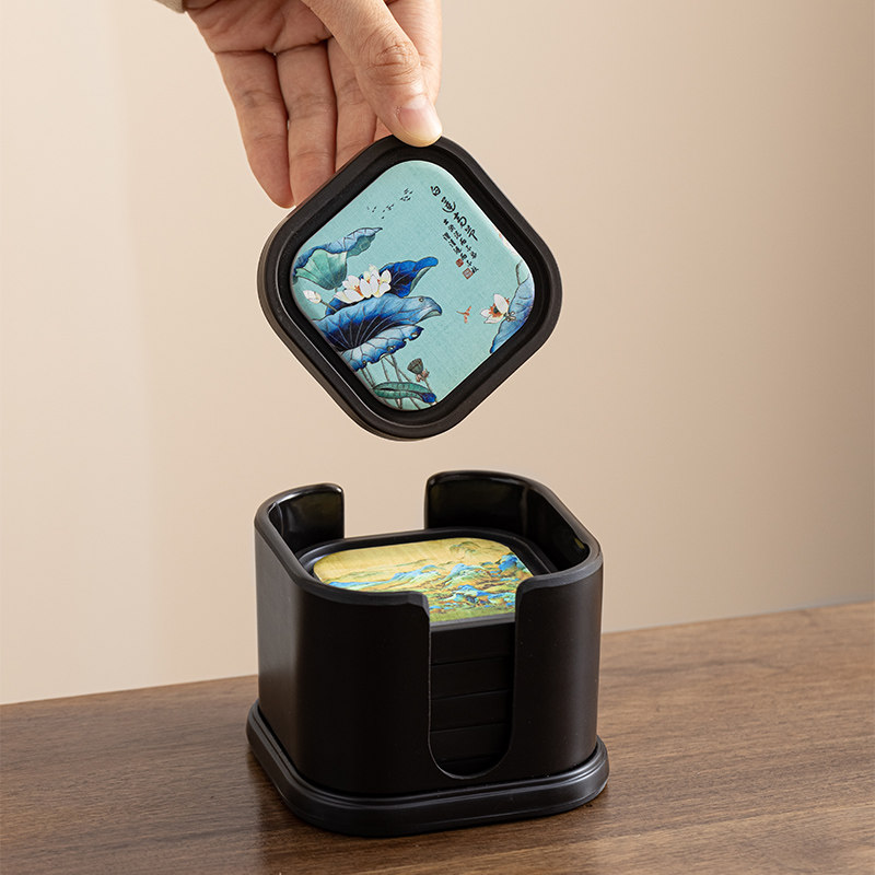 晟窑中式吸水杯垫隔热陶瓷垫创意水墨画方形功夫茶具杯托带收纳盒,餐饮具,杯垫,淘宝优惠券,粉丝福利购,淘宝优惠卷