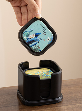 晟窑中式吸水杯垫隔热陶瓷垫创意水墨画方形功夫茶具杯托带收纳盒