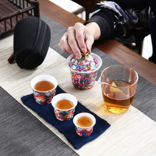 晟窑珐琅彩旅行便携式茶具一壶三杯套装随身功夫泡茶快客家用简约