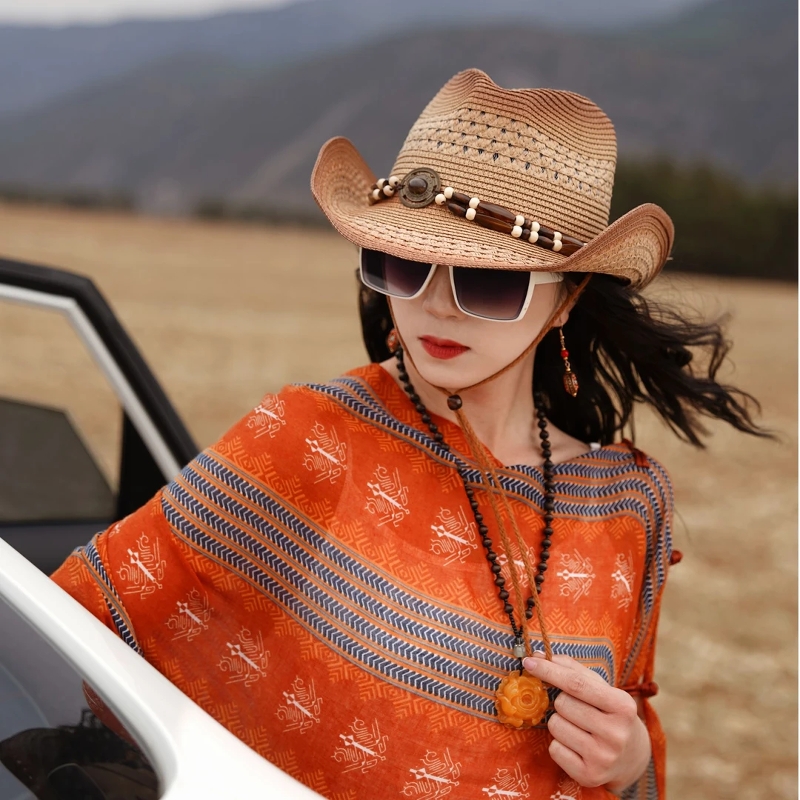 民族风旅游拍照牛仔草编防晒帽子