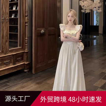法式甜美小飞袖连衣裙子女夏季2026新款收腰显瘦海边度假气质长裙