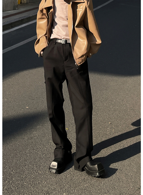 ZINGUP黑色垂感直筒西装休闲裤男装秋季开叉裤子拖地长裤西裤长裤